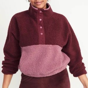 Old Navy Red Lacquer Long-Sleeve Oversized Two-Tone Sherpa Sweatshirt - S